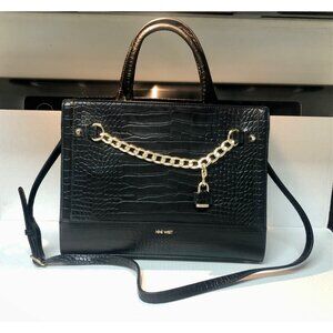NWT Nine West Flora satchel black croc-embossed gold-tone chain